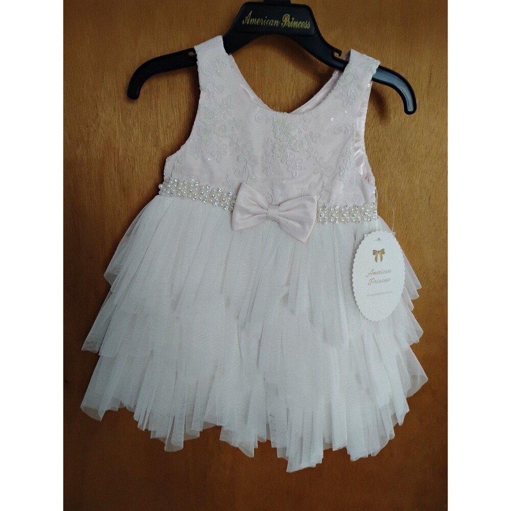 American Princess  Pink Delicate Lace Bodice Tiered Tulle Skirt Dress Size 18M